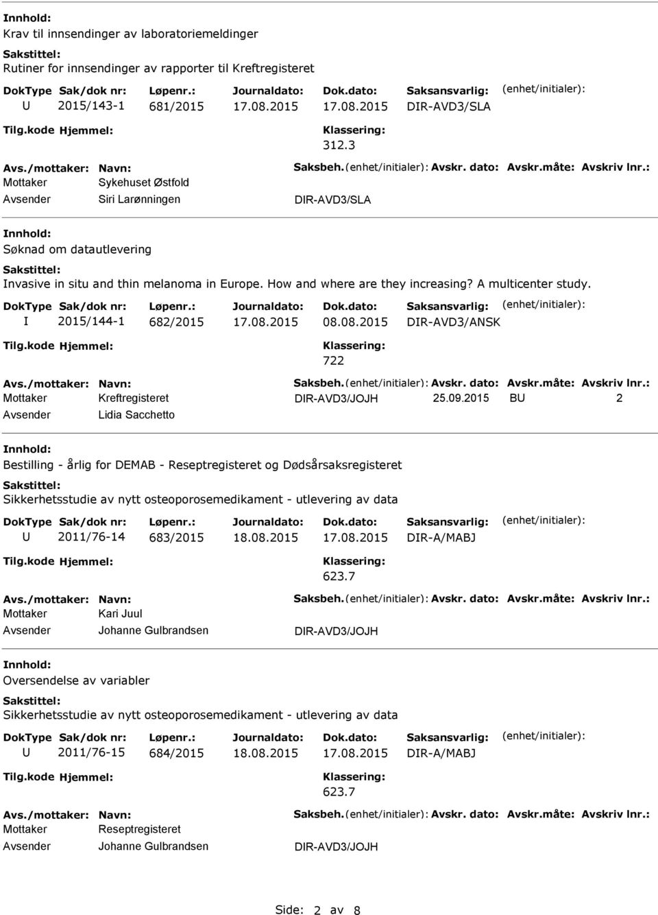 A multicenter study. 2015/144-1 682/2015 08.08.2015 DR-AVD3/ANSK Avs./mottaker: Navn: Saksbeh. Avskr. dato: Avskr.måte: Avskriv lnr.: DR-AVD3/JOJH 25.09.