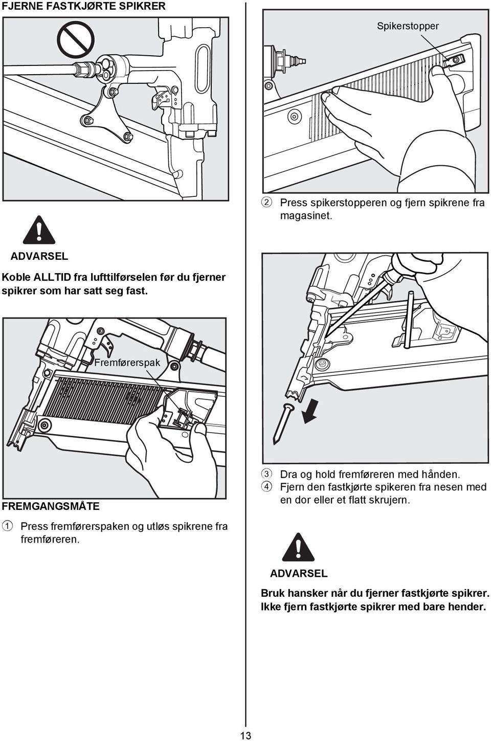 Fremførerspak FREMGANGSMÅTE 1 Press fremførerspaken og utløs spikrene fra fremføreren.