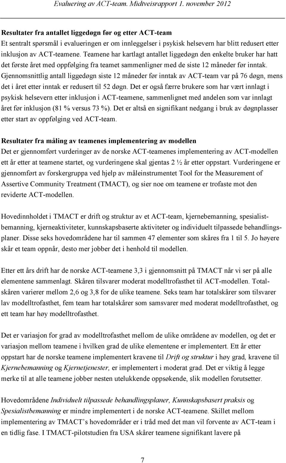 Gjennomsnittlig antall liggedøgn siste 12 måneder før inntak av ACT-team var på 76 døgn, mens det i året etter inntak er redusert til 52 døgn.