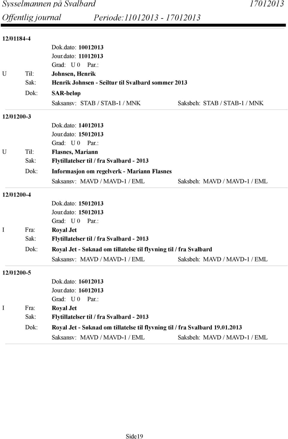 dato: 15012013 I Fra: Royal Jet Sak: Flytillatelser til / fra Svalbard - 2013 Dok: Royal Jet - Søknad om tillatelse til flyvning til / fra Svalbard Saksansv: MAVD / MAVD-1 / EML