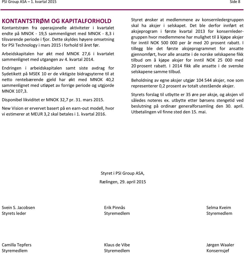 Dette skyldes høyere omsetning for PSI Technology i mars 2015 i forhold til året før. Arbeidskapitalen har økt med MNOK 27,6 i kvartalet sammenlignet med utgangen av 4. kvartal 2014.