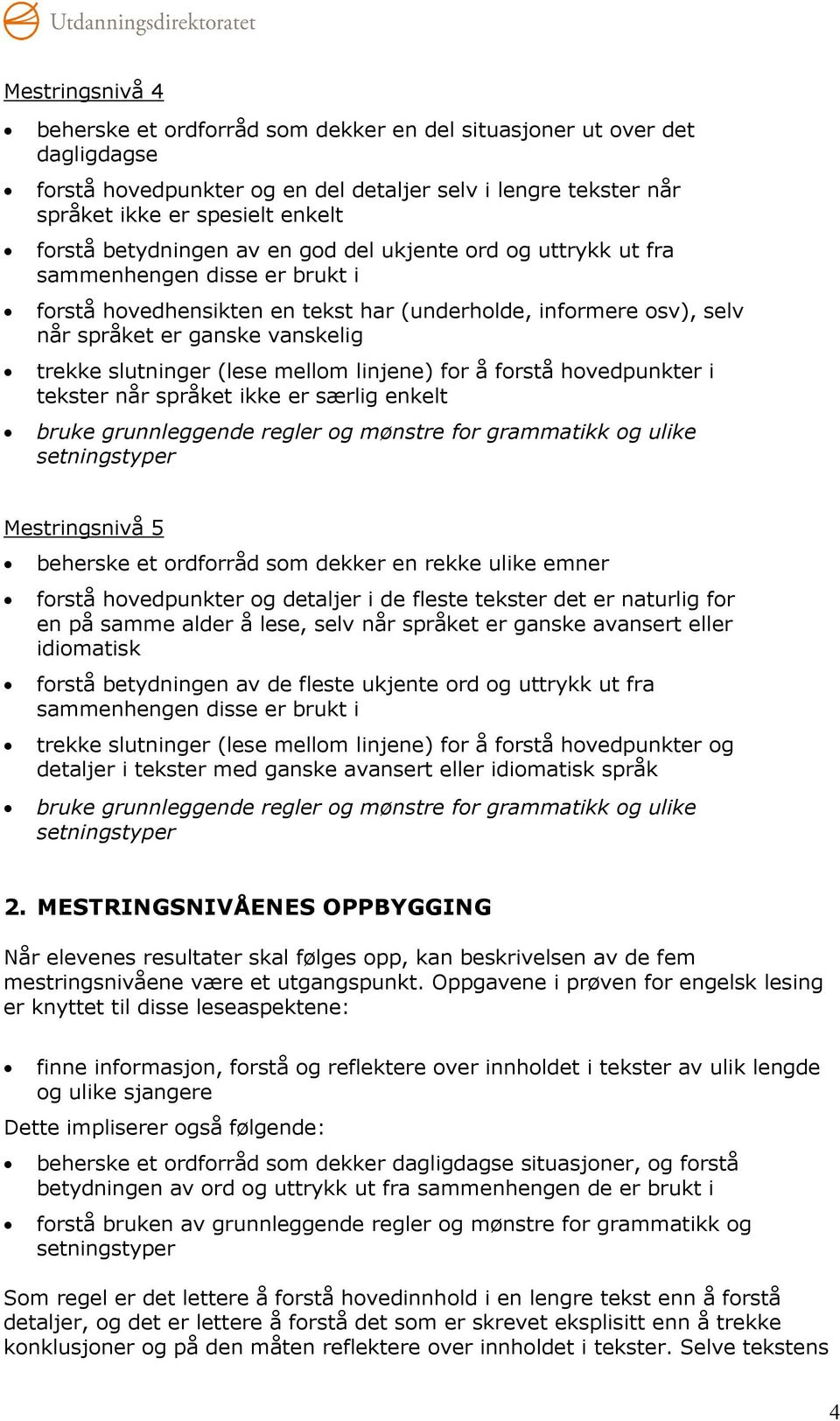 slutninger (lese mellom linjene) for å forstå hovedpunkter i tekster når språket ikke er særlig enkelt bruke grunnleggende regler og mønstre for grammatikk og ulike setningstyper Mestringsnivå 5