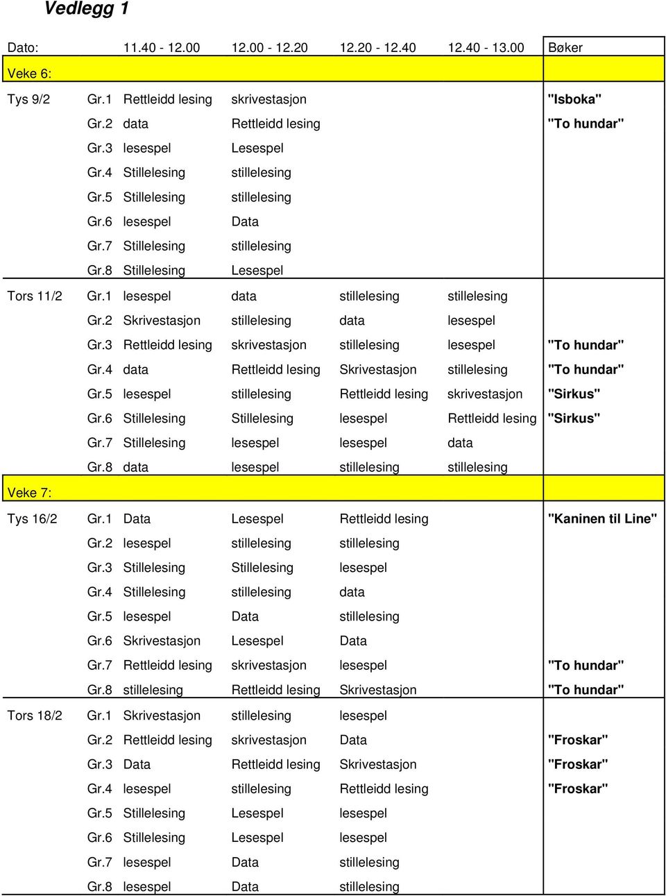 1 lesespel data stillelesing stillelesing Gr.2 Skrivestasjon stillelesing data lesespel Gr.3 Rettleidd lesing skrivestasjon stillelesing lesespel "To hundar" Gr.