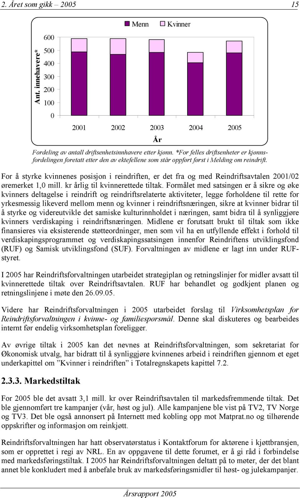 For å styrke kvinnenes posisjon i reindriften, er det fra og med Reindriftsavtalen 2001/02 øremerket 1,0 mill. kr årlig til kvinnerettede tiltak.