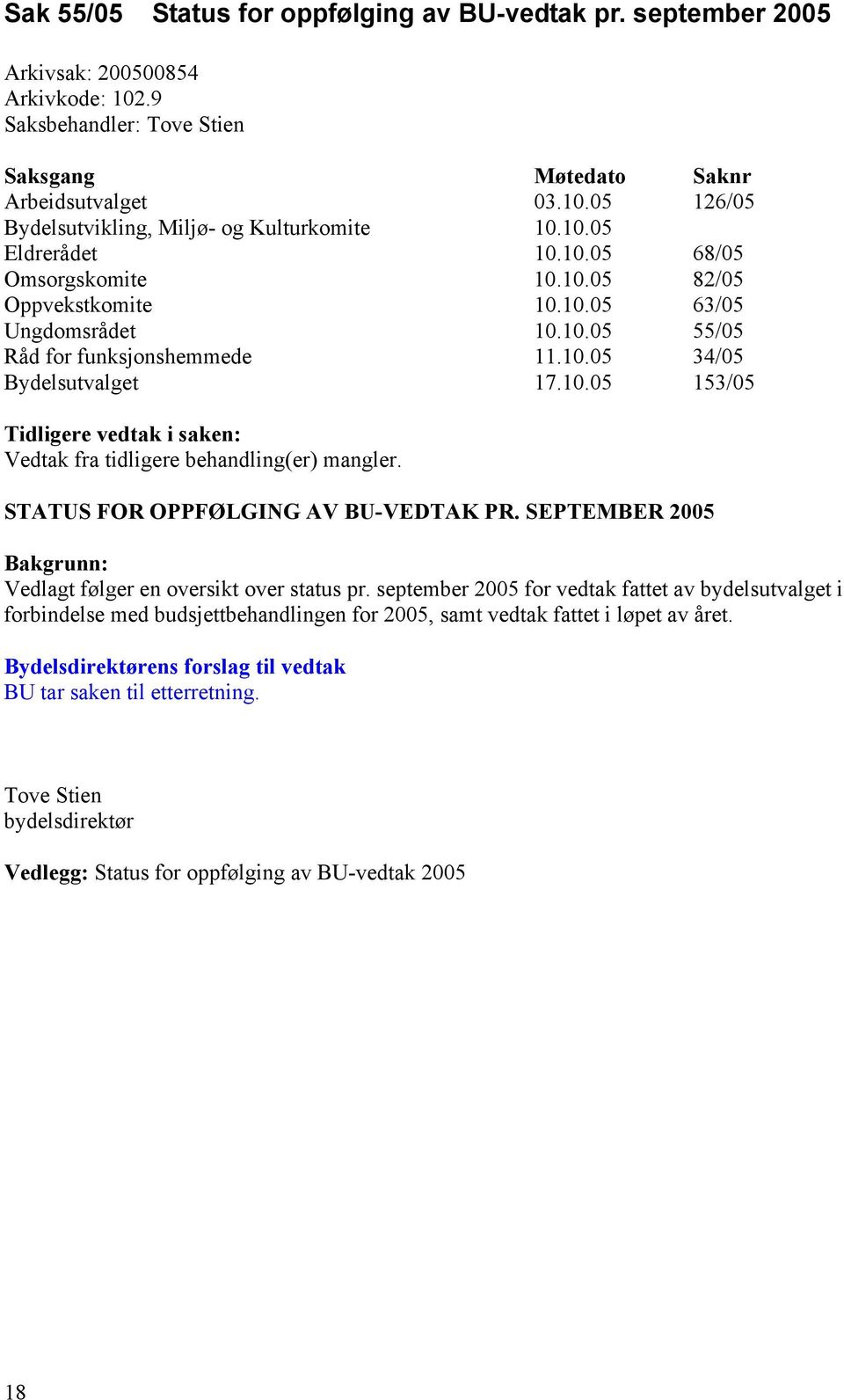 STATUS FOR OPPFØLGING AV BU-VEDTAK PR. SEPTEMBER 2005 Bakgrunn: Vedlagt følger en oversikt over status pr.