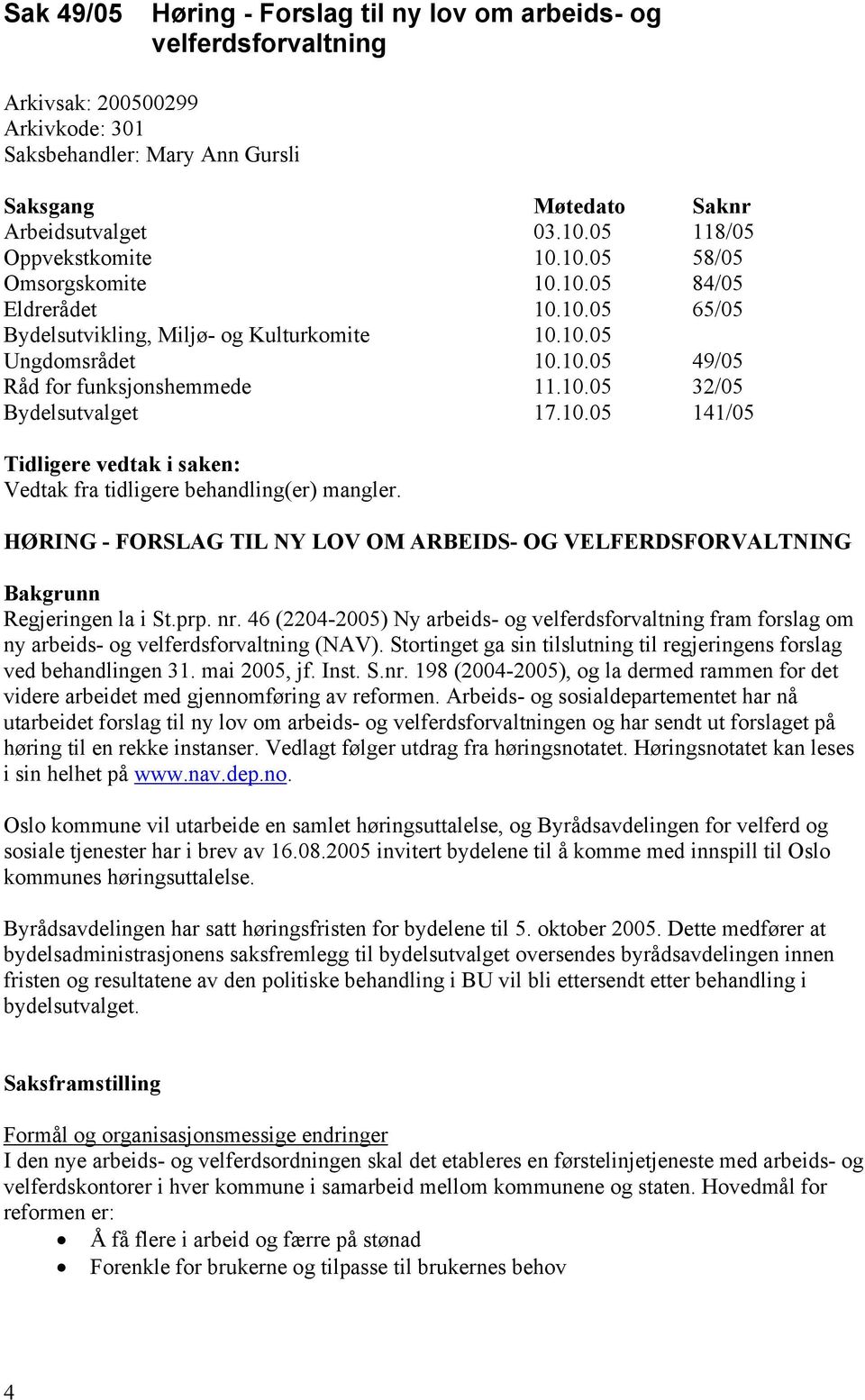 10.05 32/05 Bydelsutvalget 17.10.05 141/05 Tidligere vedtak i saken: Vedtak fra tidligere behandling(er) mangler.