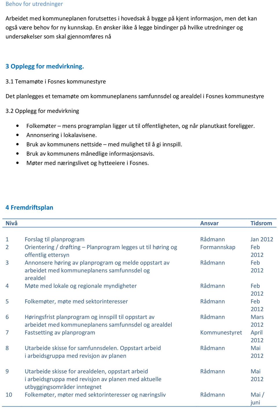 Opplegg for medvirkning. 3.1 Temamøte i Fosnes kommunestyre Det planlegges et temamøte om kommuneplanens samfunnsdel og arealdel i Fosnes kommunestyre 3.