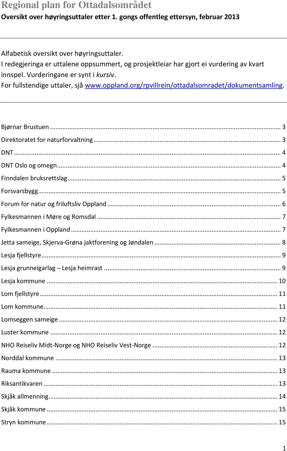 org/rpvillrein/ottadalsomradet/dokumentsamling. Bjørnar Brustuen... 3 Direktoratet for naturforvaltning... 3 DNT... 4 DNT Oslo og omegn... 4 Finndalen bruksrettslag... 5 Forsvarsbygg.