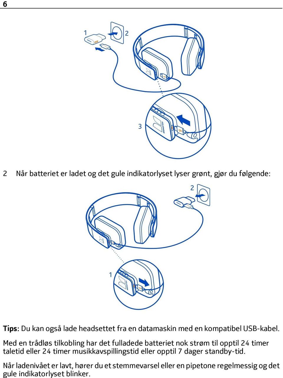 Med en trådløs tilkobling har det fulladede batteriet nok strøm til opptil 24 timer taletid eller 24 timer