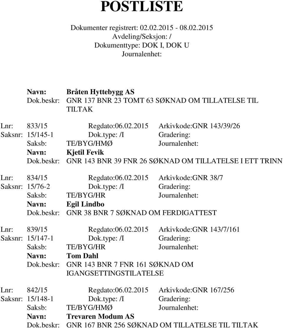 type: /I Gradering: Saksb: TE/BYG/HR Egil Lindbo Dok.beskr: GNR 38 BNR 7 SØKNAD OM FERDIGATTEST Lnr: 839/15 Regdato:06.02.2015 Arkivkode:GNR 143/7/161 Saksnr: 15/147-1 Dok.