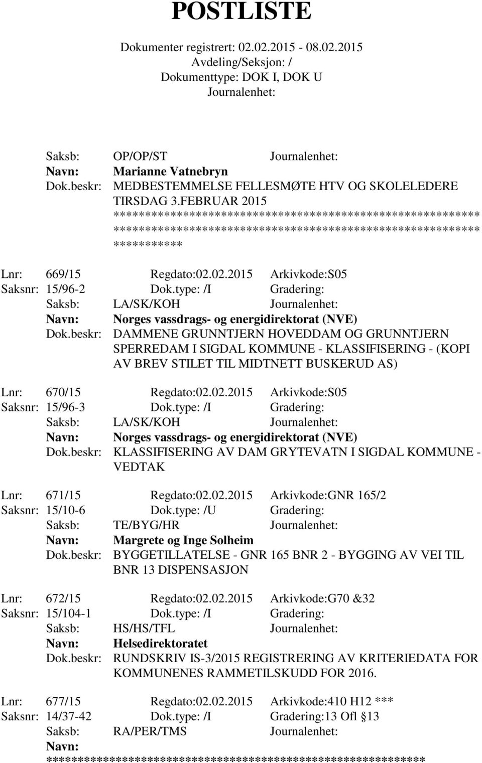 beskr: DAMMENE GRUNNTJERN HOVEDDAM OG GRUNNTJERN SPERREDAM I SIGDAL KOMMUNE - KLASSIFISERING - (KOPI AV BREV STILET TIL MIDTNETT BUSKERUD AS) Lnr: 670/15 Regdato:02.