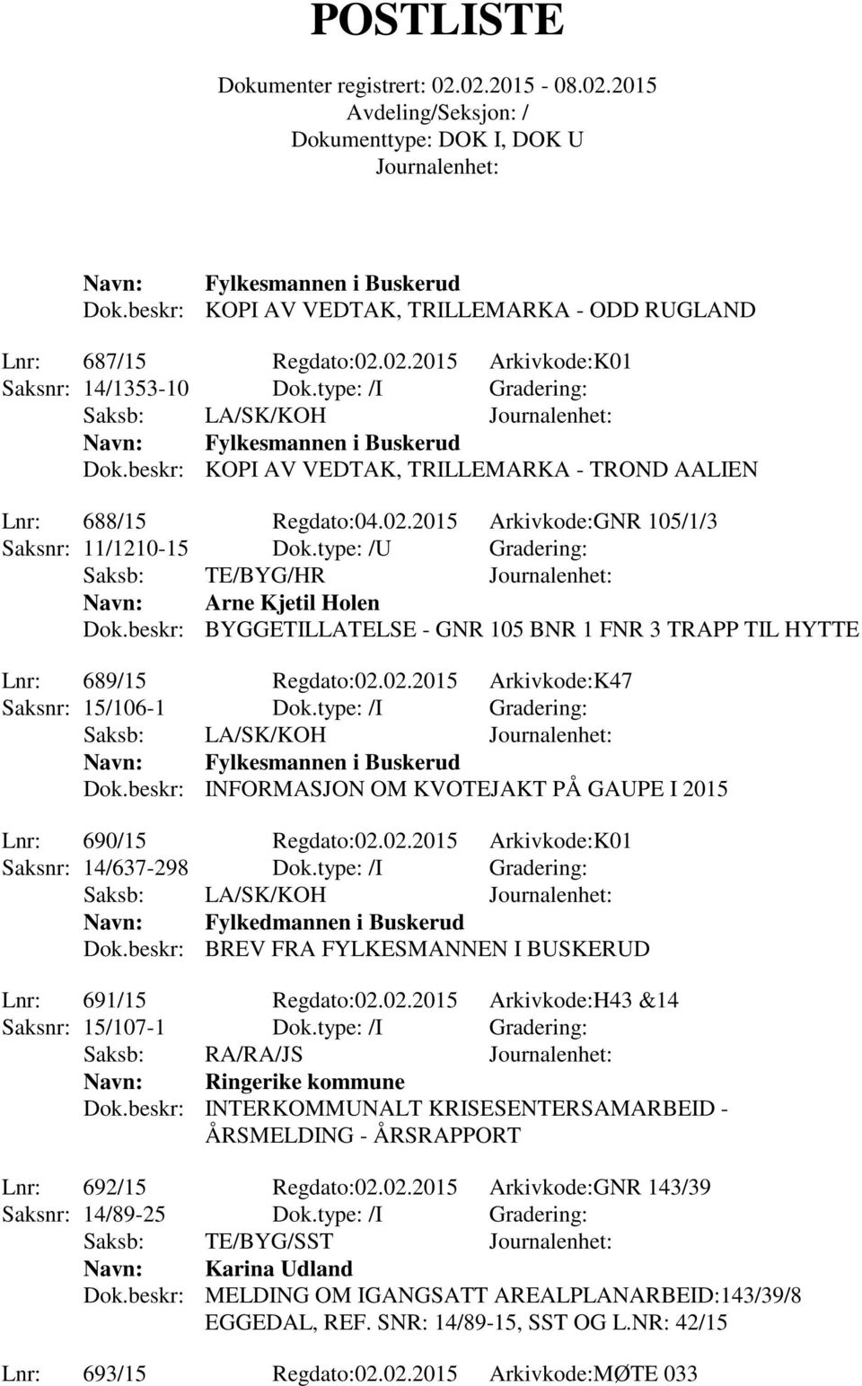 type: /U Gradering: Saksb: TE/BYG/HR Arne Kjetil Holen Dok.beskr: BYGGETILLATELSE - GNR 105 BNR 1 FNR 3 TRAPP TIL HYTTE Lnr: 689/15 Regdato:02.02.2015 Arkivkode:K47 Saksnr: 15/106-1 Dok.