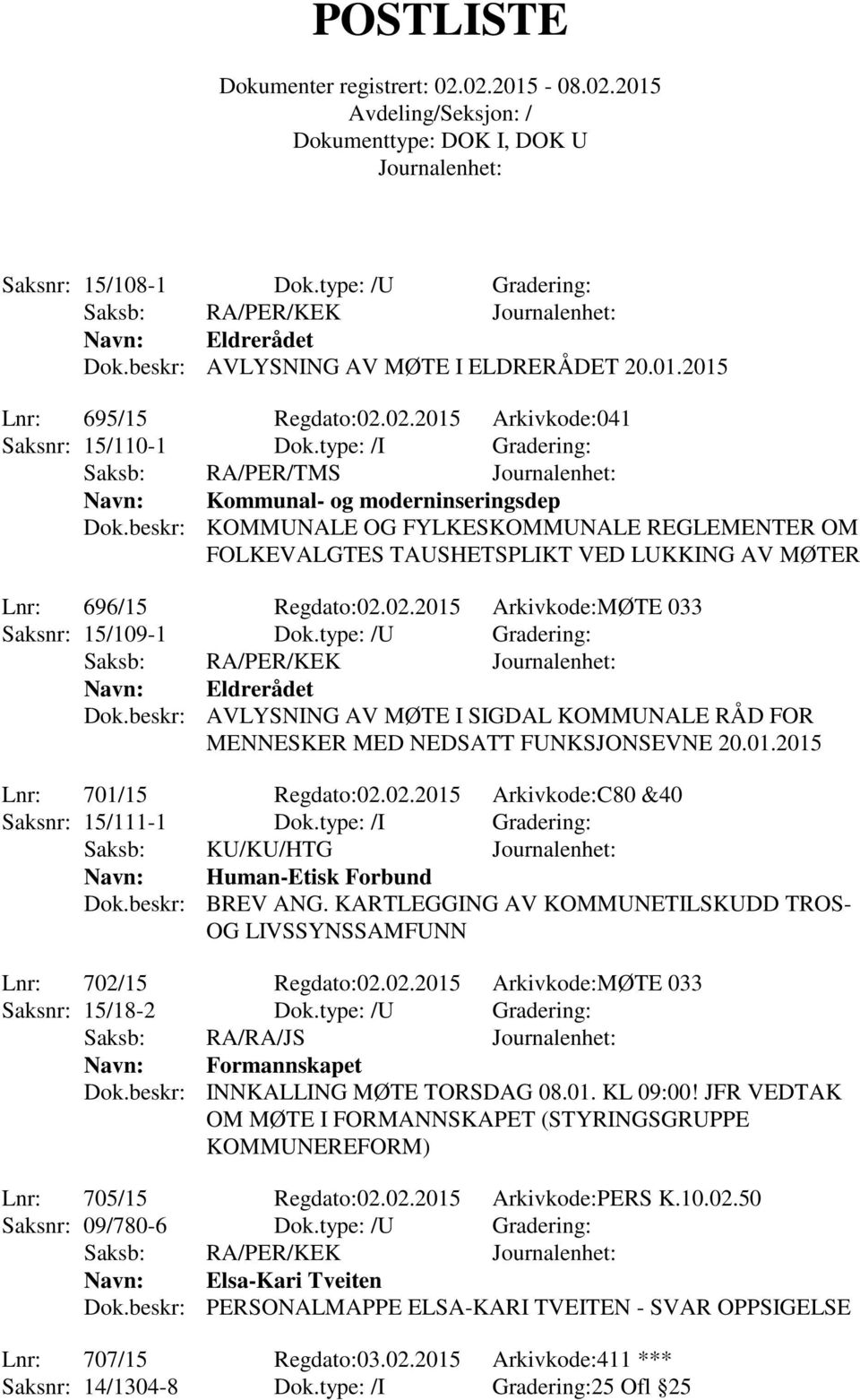 02.2015 Arkivkode:MØTE 033 Saksnr: 15/109-1 Dok.type: /U Gradering: Saksb: RA/PER/KEK Eldrerådet Dok.beskr: AVLYSNING AV MØTE I SIGDAL KOMMUNALE RÅD FOR MENNESKER MED NEDSATT FUNKSJONSEVNE 20.01.2015 Lnr: 701/15 Regdato:02.