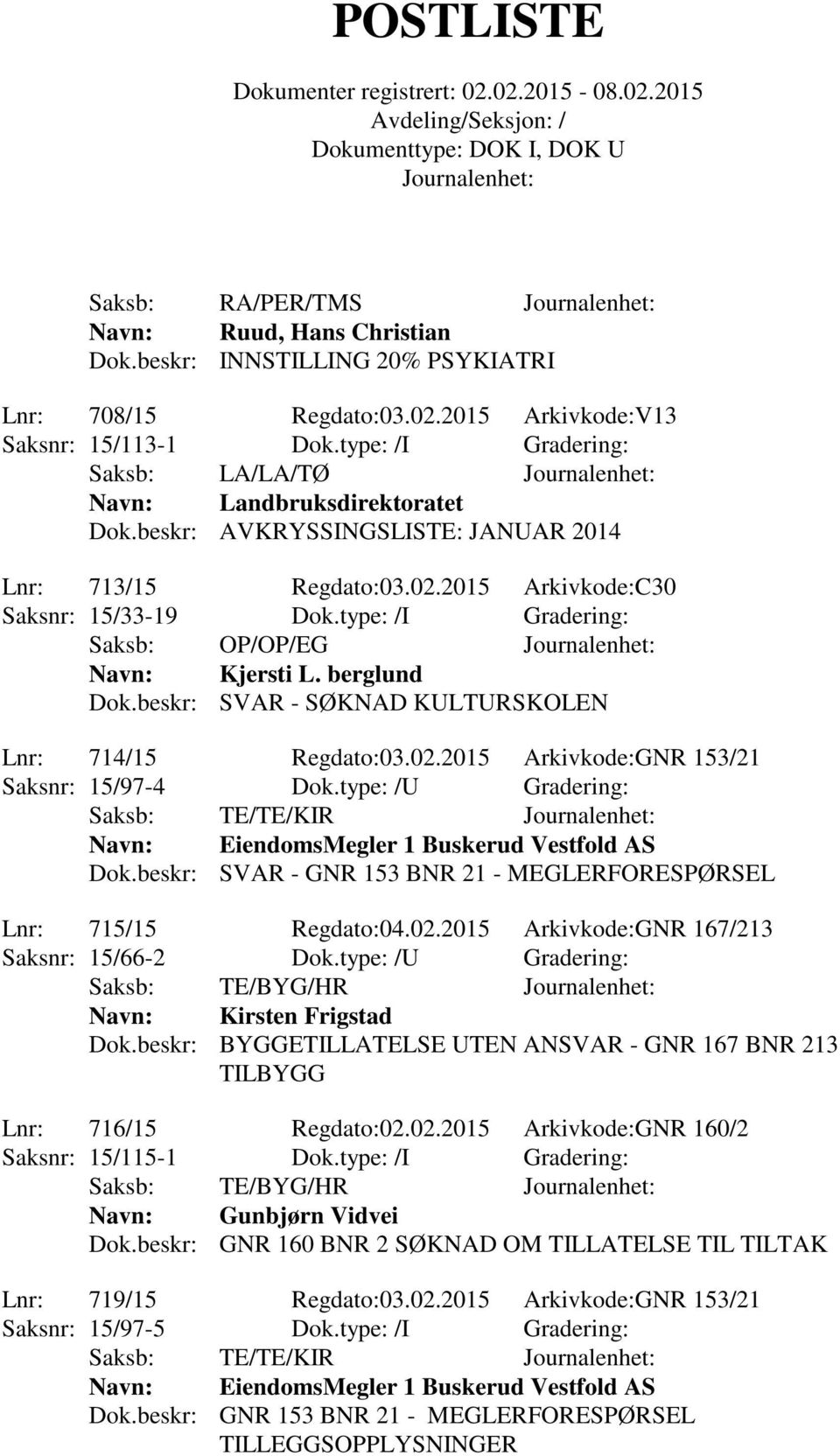 type: /I Gradering: Saksb: OP/OP/EG Kjersti L. berglund Dok.beskr: SVAR - SØKNAD KULTURSKOLEN Lnr: 714/15 Regdato:03.02.2015 Arkivkode:GNR 153/21 Saksnr: 15/97-4 Dok.