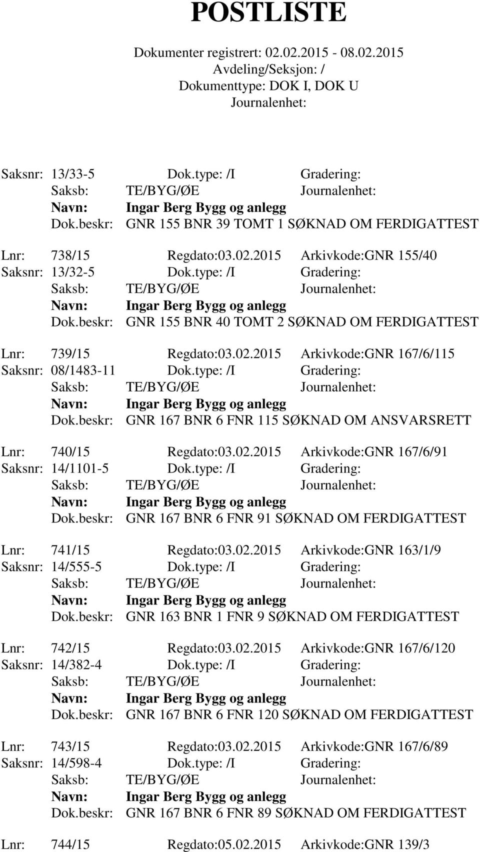 2015 Arkivkode:GNR 167/6/115 Saksnr: 08/1483-11 Dok.type: /I Gradering: Saksb: TE/BYG/ØE Ingar Berg Bygg og anlegg Dok.beskr: GNR 167 BNR 6 FNR 115 SØKNAD OM ANSVARSRETT Lnr: 740/15 Regdato:03.02.