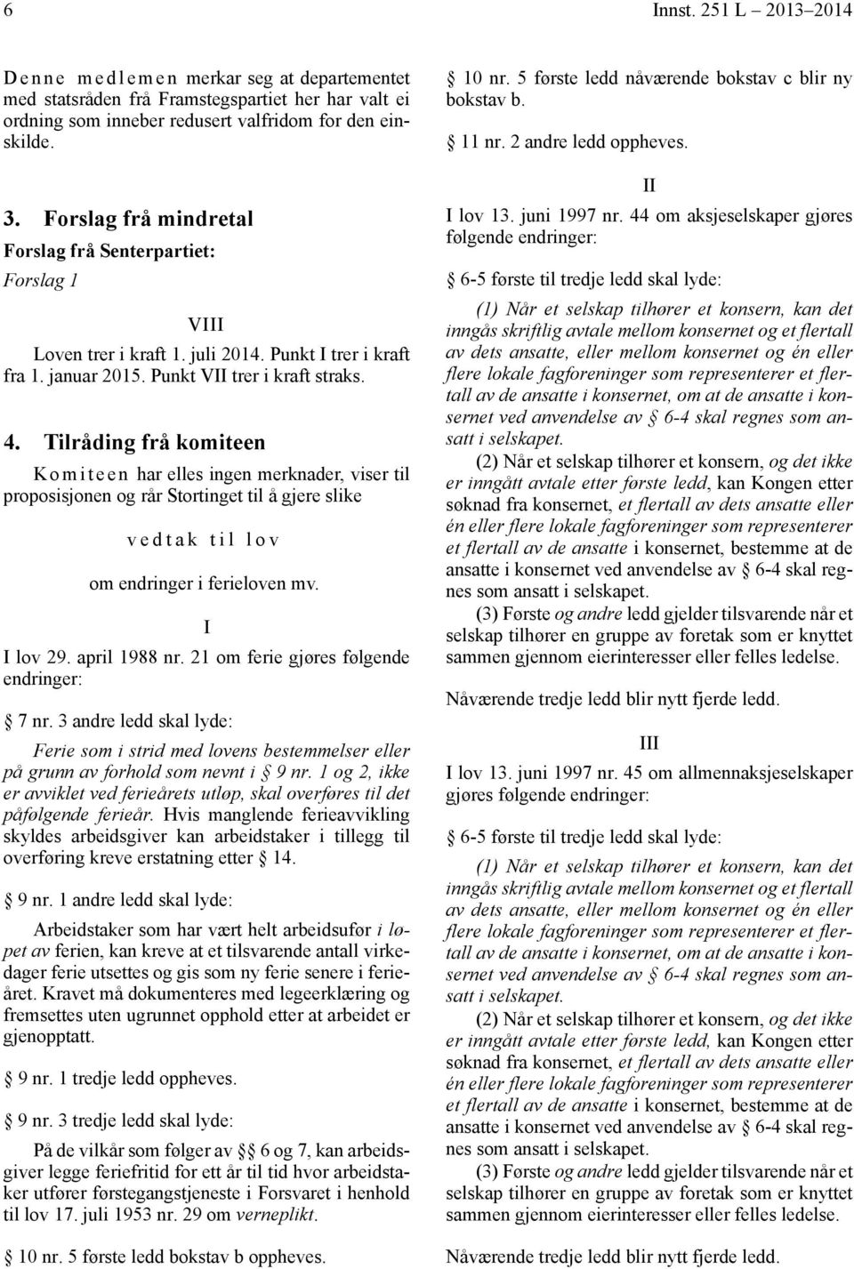 Tilråding frå komiteen K o m i t e e n har elles ingen merknader, viser til proposisjonen og rår Stortinget til å gjere slike vedtak til lov om endringer i ferieloven mv. I I lov 29. april 1988 nr.