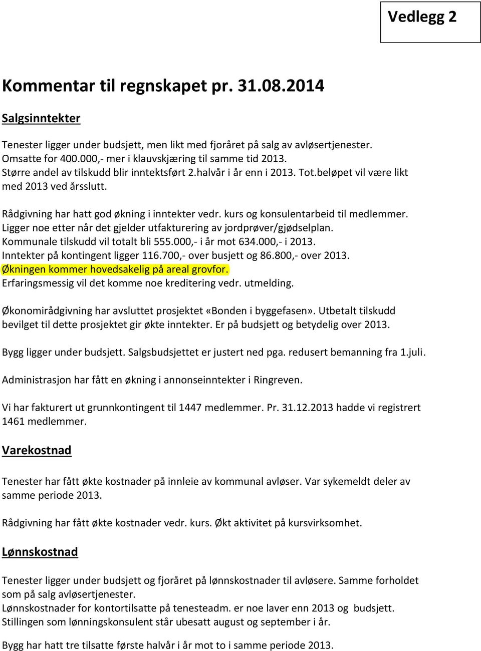 Rådgivning har hatt god økning i inntekter vedr. kurs og konsulentarbeid til medlemmer. Ligger noe etter når det gjelder utfakturering av jordprøver/gjødselplan. Kommunale tilskudd vil totalt bli 555.