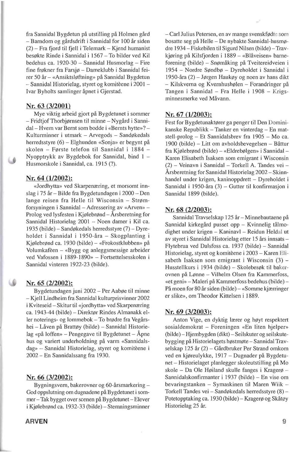 1920-30 - Sannidal Husmorlag - Fire fine fr0kner fra Farsj0 - Dameklubb i Sannidal feirer 50 ar- «AnsiktsI0ftning» pa Sannidal Bygdetun - Sannidal Historielag, styret og komiteene i 2001 - Ivar