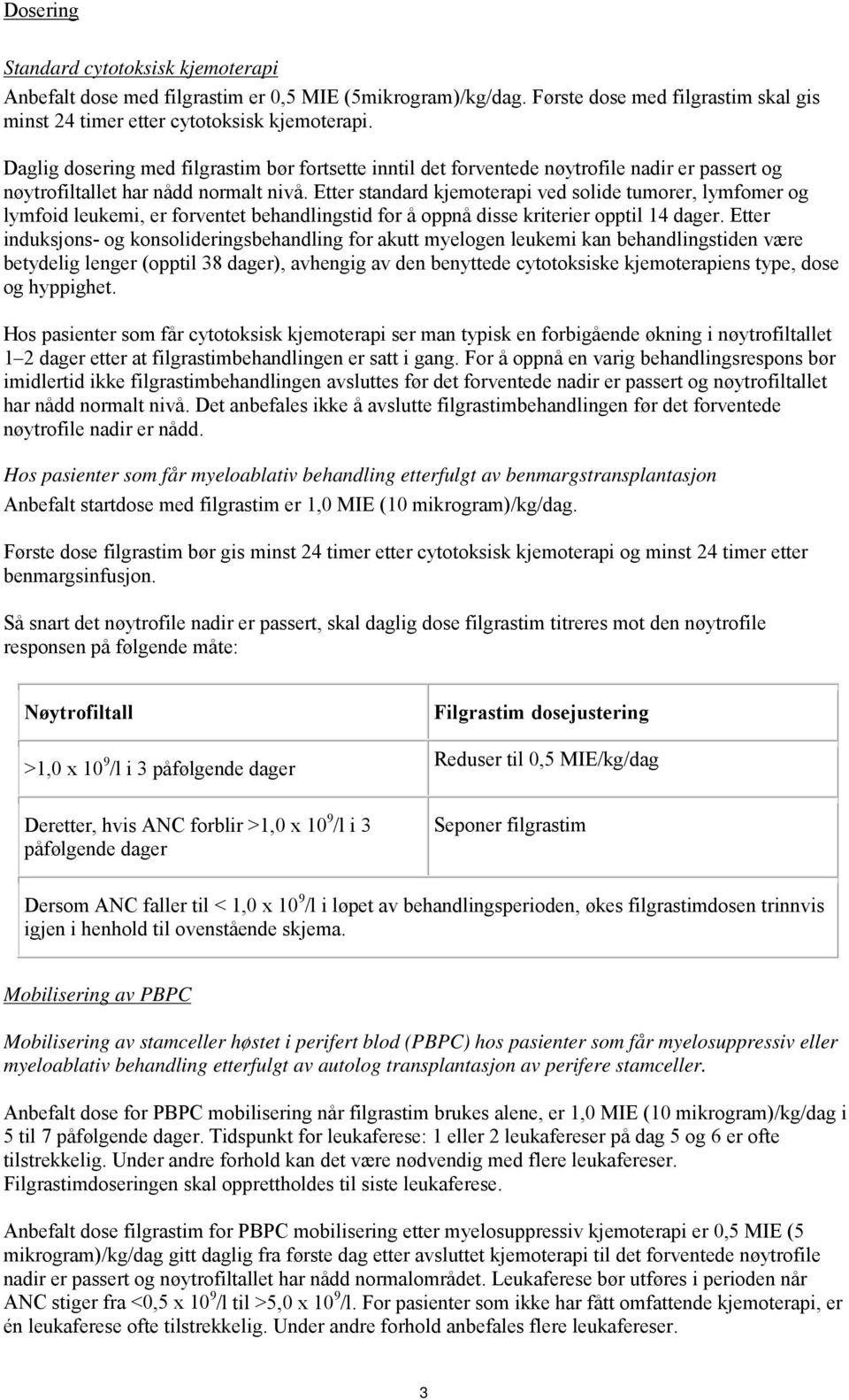 Etter standard kjemoterapi ved solide tumorer, lymfomer og lymfoid leukemi, er forventet behandlingstid for å oppnå disse kriterier opptil 14 dager.