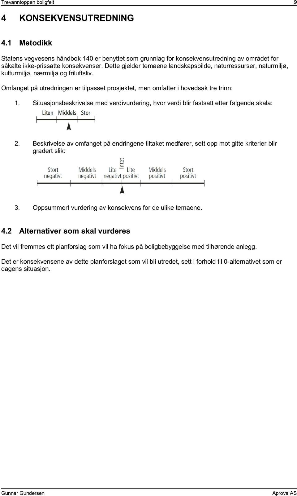 Situasjonsbeskrivelse med verdivurdering, hvor verdi blir fastsatt etter følgende skala: 2. Beskrivelse av omfanget på endringene tiltaket medfører, sett opp mot gitte kriterier blir gradert slik: 3.