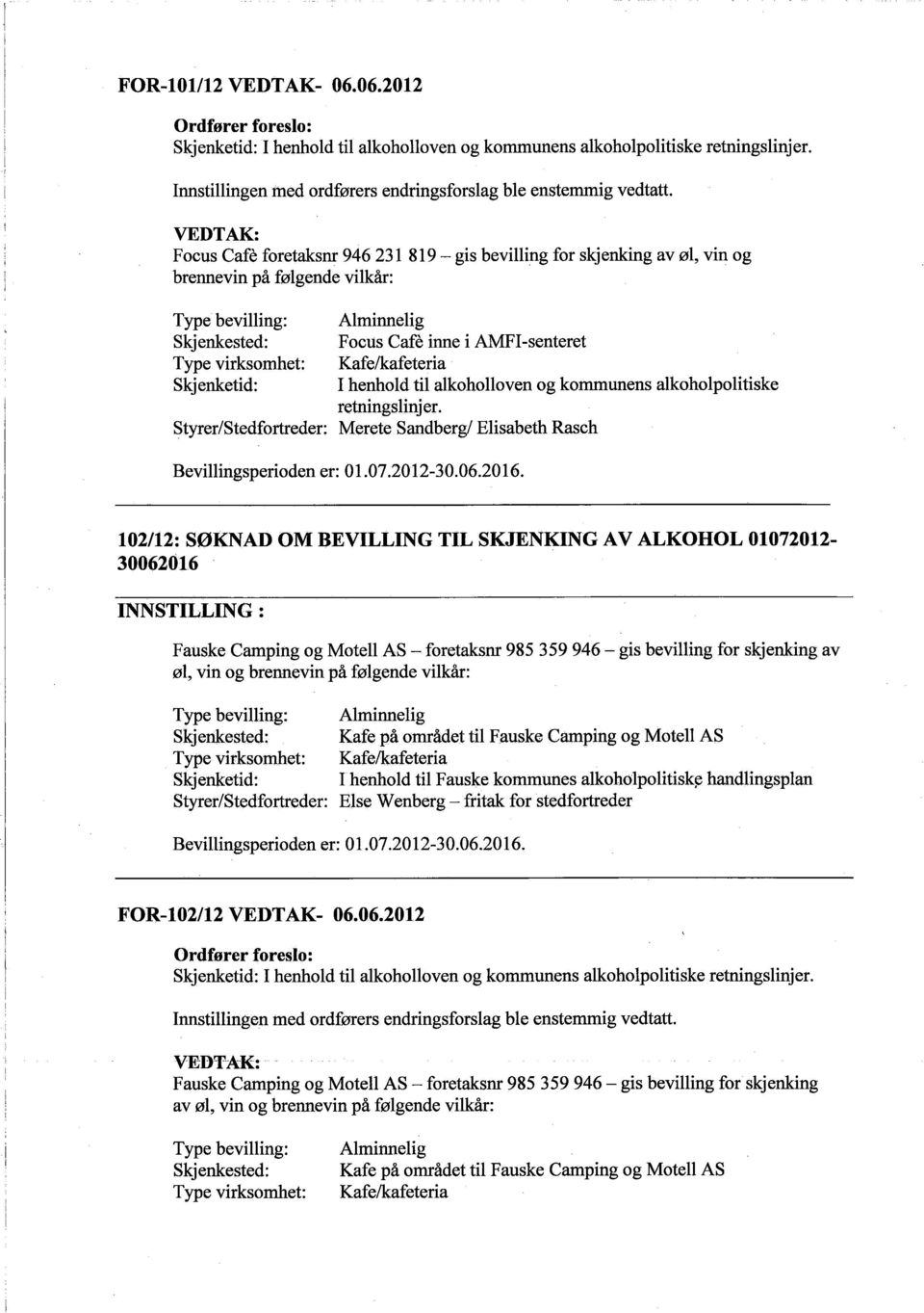 alkoholloven og kommunens alkoholpolitiske retningslinj er. Merete Sandberg! Elisabeth Rasch Bevilingsperioden er: 01.07.2012-30.06.2016.