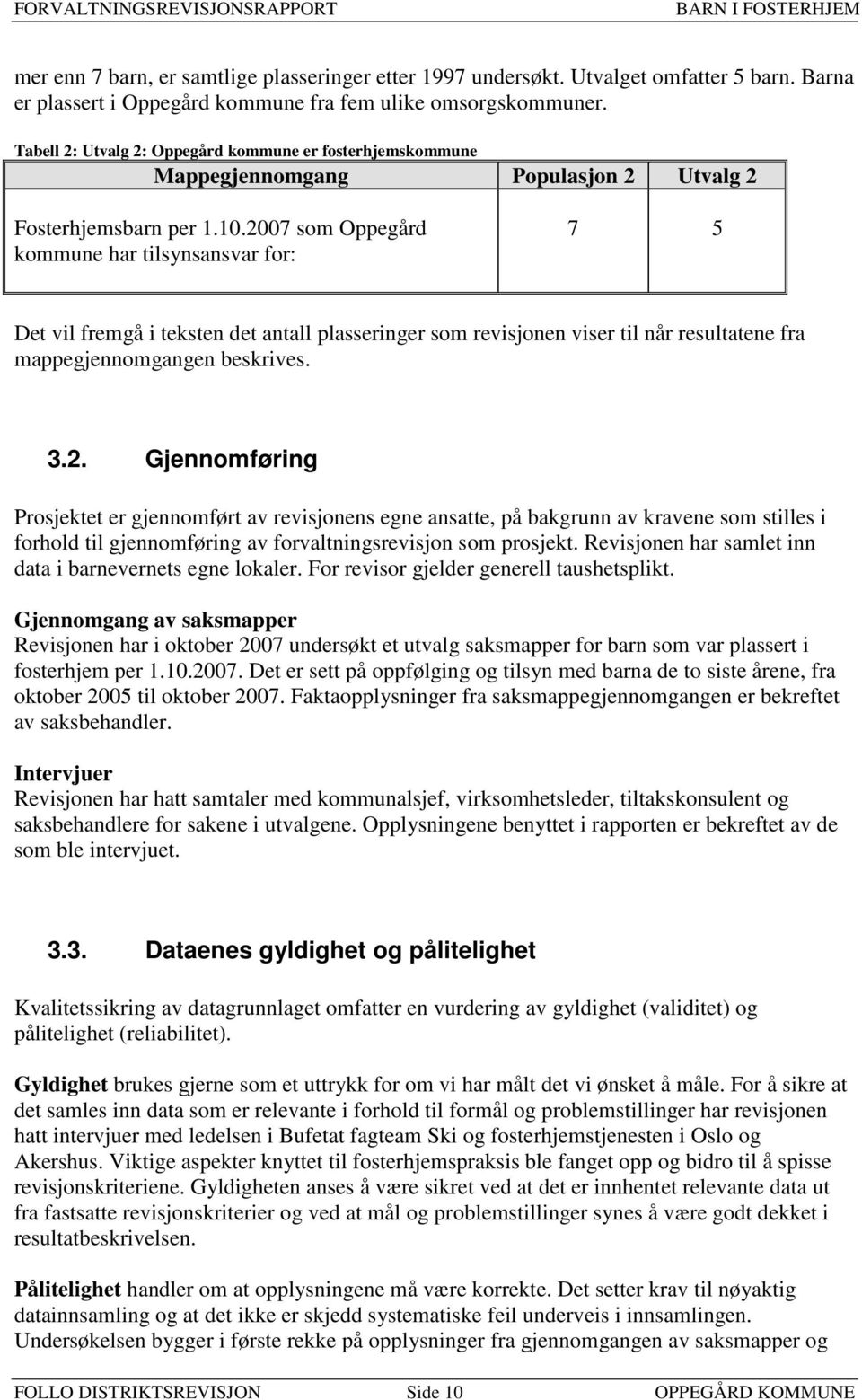 2007 som Oppegård kommune har tilsynsansvar for: 7 5 Det vil fremgå i teksten det antall plasseringer som revisjonen viser til når resultatene fra mappegjennomgangen beskrives. 3.2. Gjennomføring Prosjektet er gjennomført av revisjonens egne ansatte, på bakgrunn av kravene som stilles i forhold til gjennomføring av forvaltningsrevisjon som prosjekt.