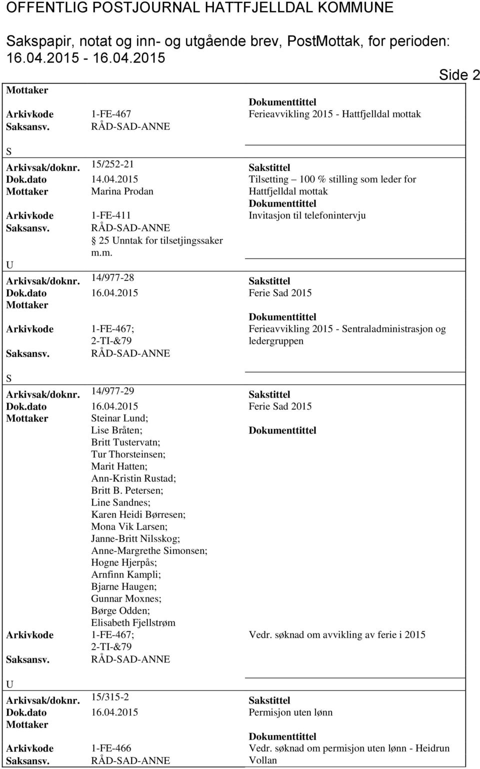 RÅD-AD-ANNE 25 nntak for tilsetjingssaker m.m. Arkivsak/doknr. 14/977-28 akstittel Dok.dato 16.04.