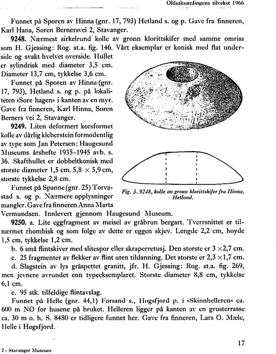 kiiillet er sylindrisk med diameter 3,s cm. Diameter 13,7 cm, tykkelse 3,6 cm. Funnet på Sporen ar Hinna (gnr. 17, 793), Hetland s. og p. på lokaliteten &ore hagen, i kanten av en myr.