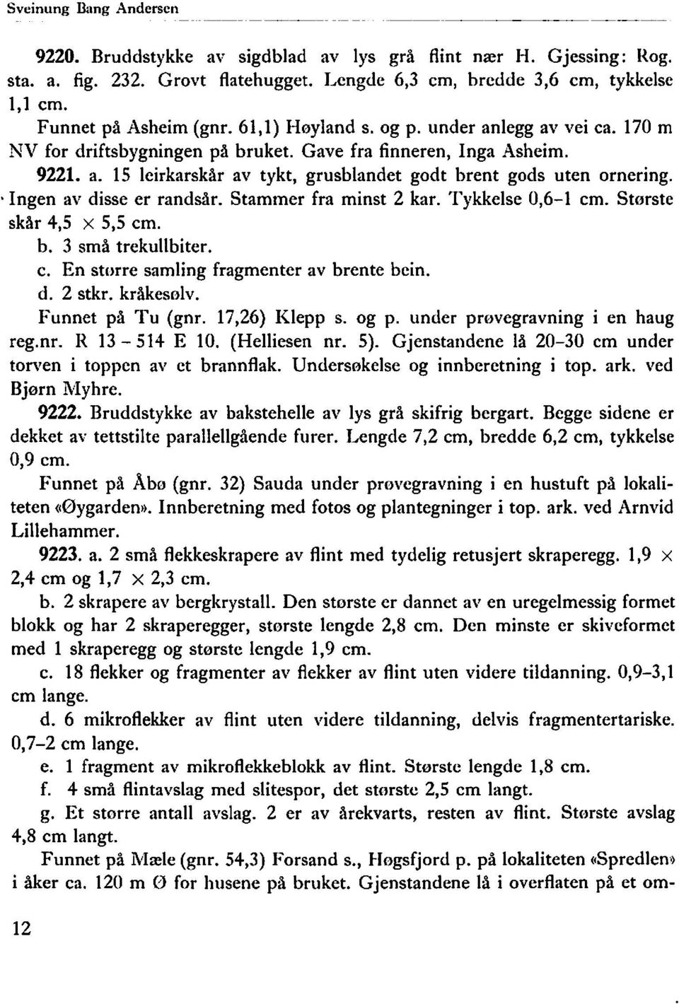 . Ingen av disse er randsår. Stammer fra minst 2 kar. Tykkelse 0,6-1 cm. Starste skår 4,s x 5,5 cm. b. 3 små trekullbiter. c. En storre samling fragmenter av brente bein. d. 2 stkr. kråkesolv.