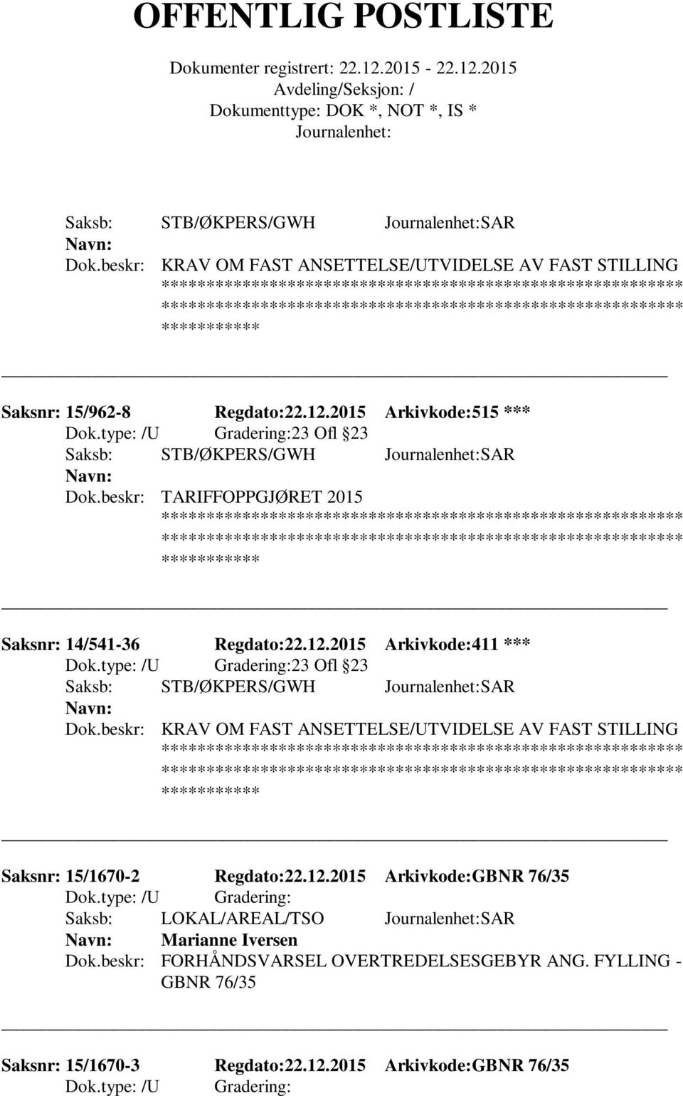 2015 Arkivkode:411 *** 23 Ofl 23 Saksb: STB/ØKPERS/GWH SAR Dok.