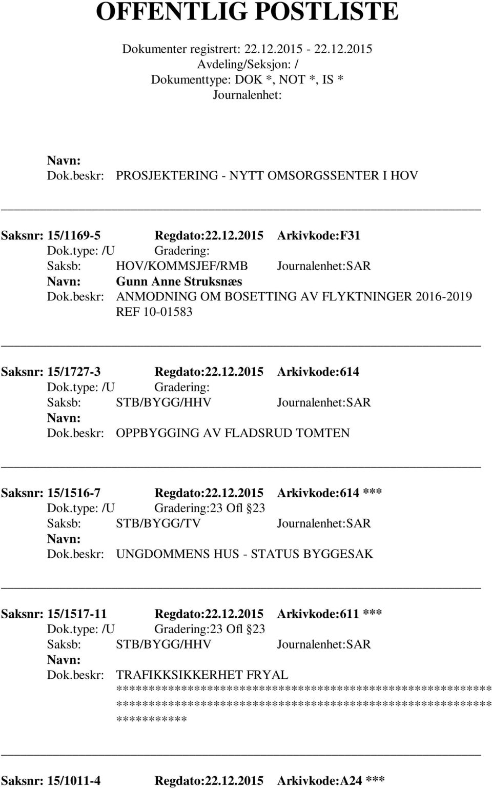 beskr: OPPBYGGING AV FLADSRUD TOMTEN Saksnr: 15/1516-7 Regdato:22.12.2015 Arkivkode:614 *** 23 Ofl 23 Saksb: STB/BYGG/TV SAR Dok.