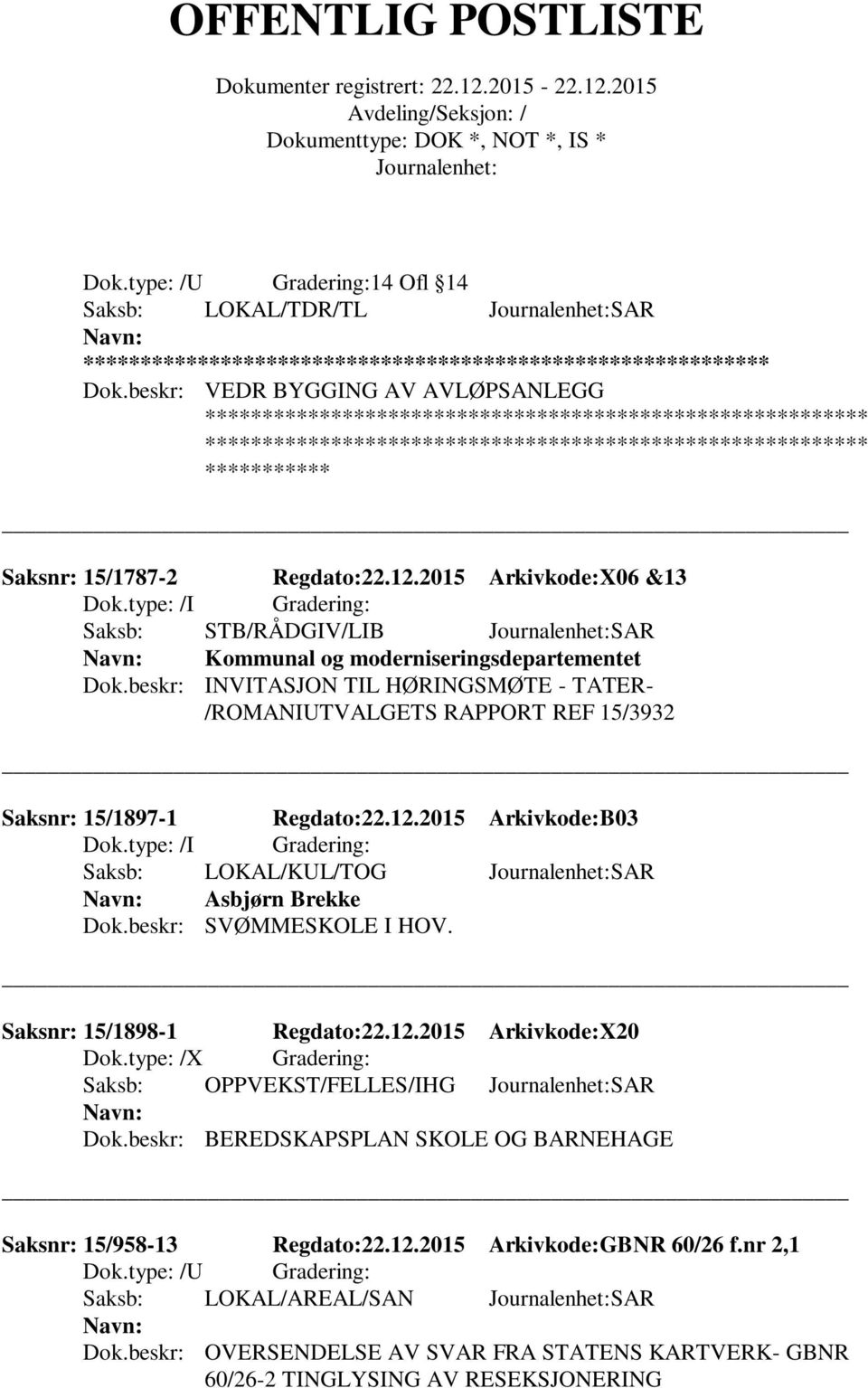 beskr: INVITASJON TIL HØRINGSMØTE - TATER- /ROMANIUTVALGETS RAPPORT REF 15/3932 Saksnr: 15/1897-1 Regdato:22.12.2015 Arkivkode:B03 Saksb: LOKAL/KUL/TOG SAR Asbjørn Brekke Dok.