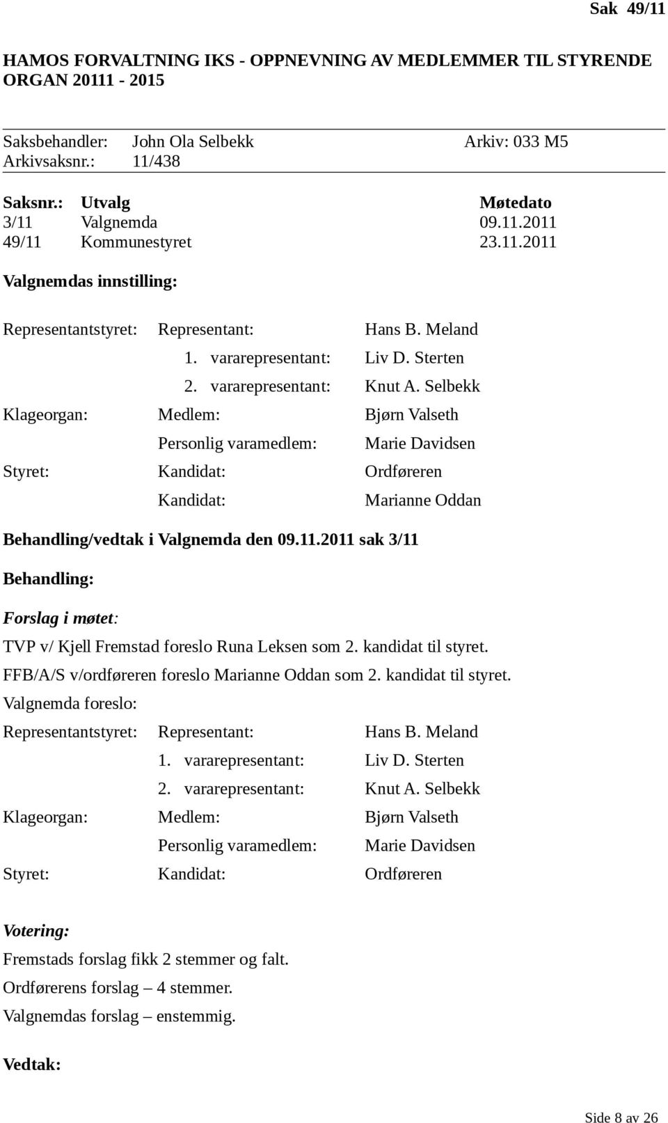 Selbekk Klageorgan: Medlem: Bjørn Valseth Personlig varamedlem: Marie Davidsen Styret: Kandidat: Ordføreren Kandidat: Marianne Oddan Behandling/vedtak i Valgnemda den 09.11.