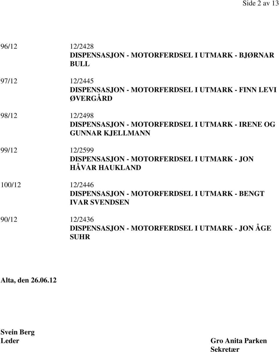 DISPENSASJON - MOTORFERDSEL I UTMARK - JON HÅVAR HAUKLAND 100/12 12/2446 DISPENSASJON - MOTORFERDSEL I UTMARK - BENGT IVAR