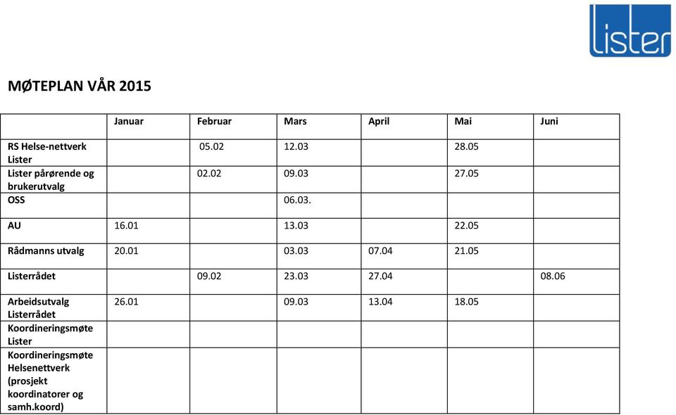 05 Rådmanns utvalg 20.01 03.03 07.04 21.05 Listerrådet 09.02 23.03 27.04 08.