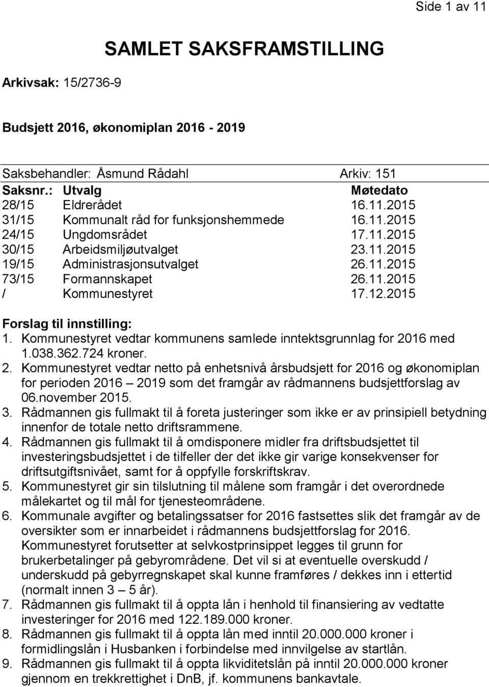 2015 Forslag til innstilling: 1. Kommunestyret vedtar kommunens samlede inntektsgrunnlag for 20