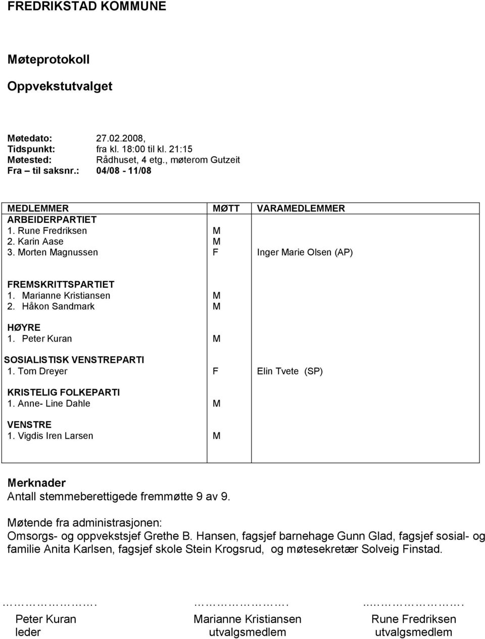 Peter Kuran S SOSIALISTISK VENSTREPARTI 1. Tom Dreyer KRISTELIG FOLKEPARTI 1. Anne- Line Dahle VENSTRE 1. Vigdis Iren Larsen F Elin Tvete (SP) erknader Antall stemmeberettigede fremmøtte 9 av 9.