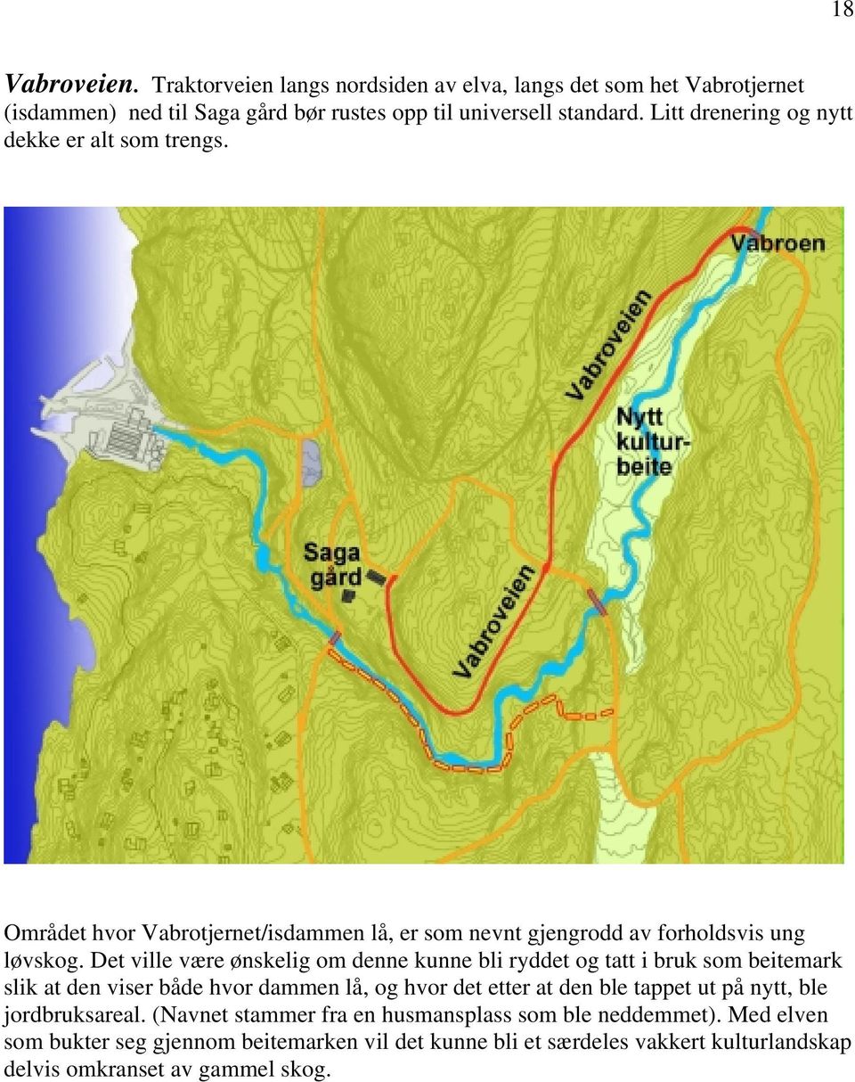 Det ville være ønskelig om denne kunne bli ryddet og tatt i bruk som beitemark slik at den viser både hvor dammen lå, og hvor det etter at den ble tappet ut på nytt,