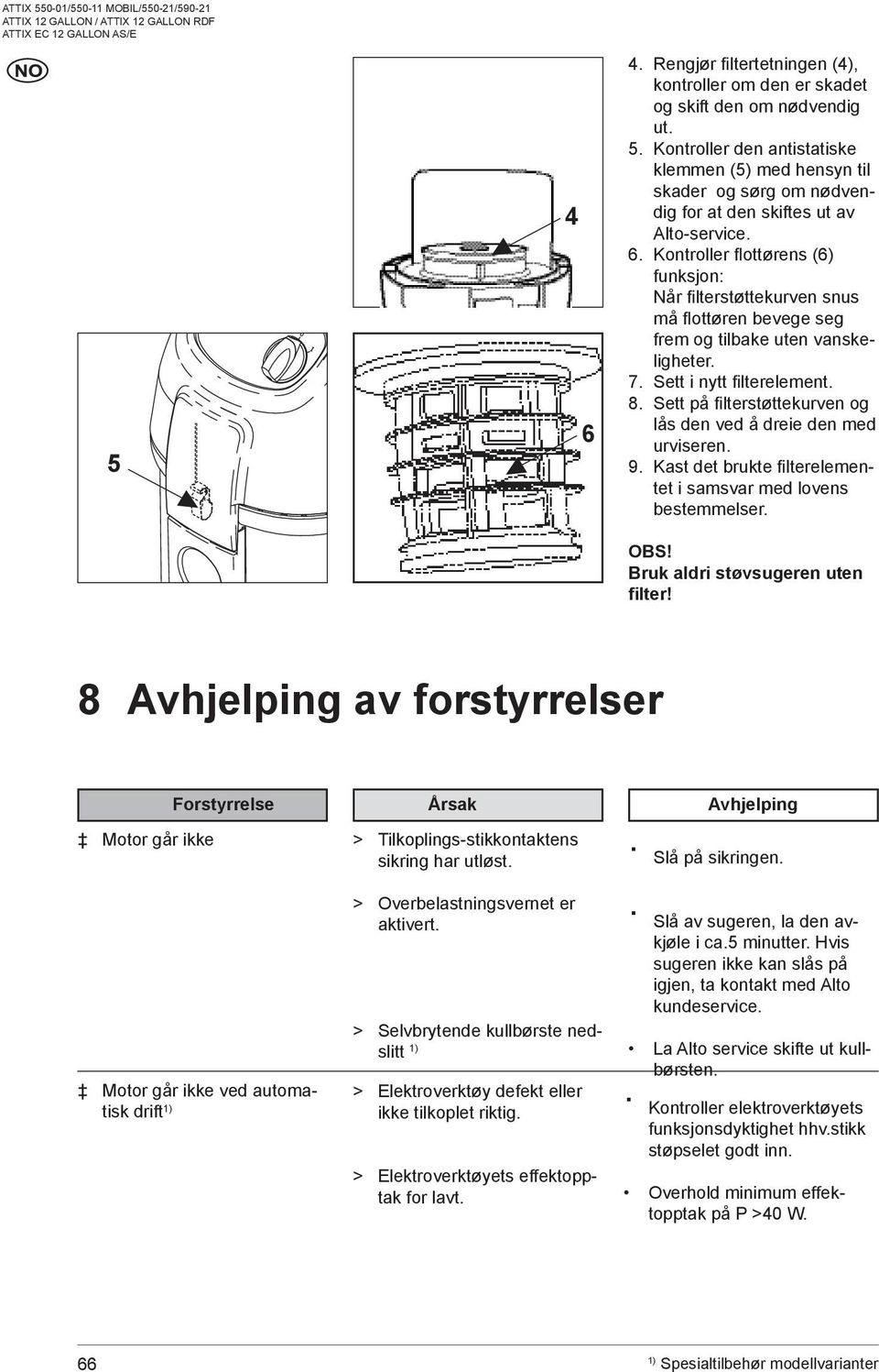 Kontroller flottørens (6) funksjon: Når filterstøttekurven snus må flottøren bevege seg frem og tilbake uten vanskeligheter. 7. Sett i nytt filterelement. 8.