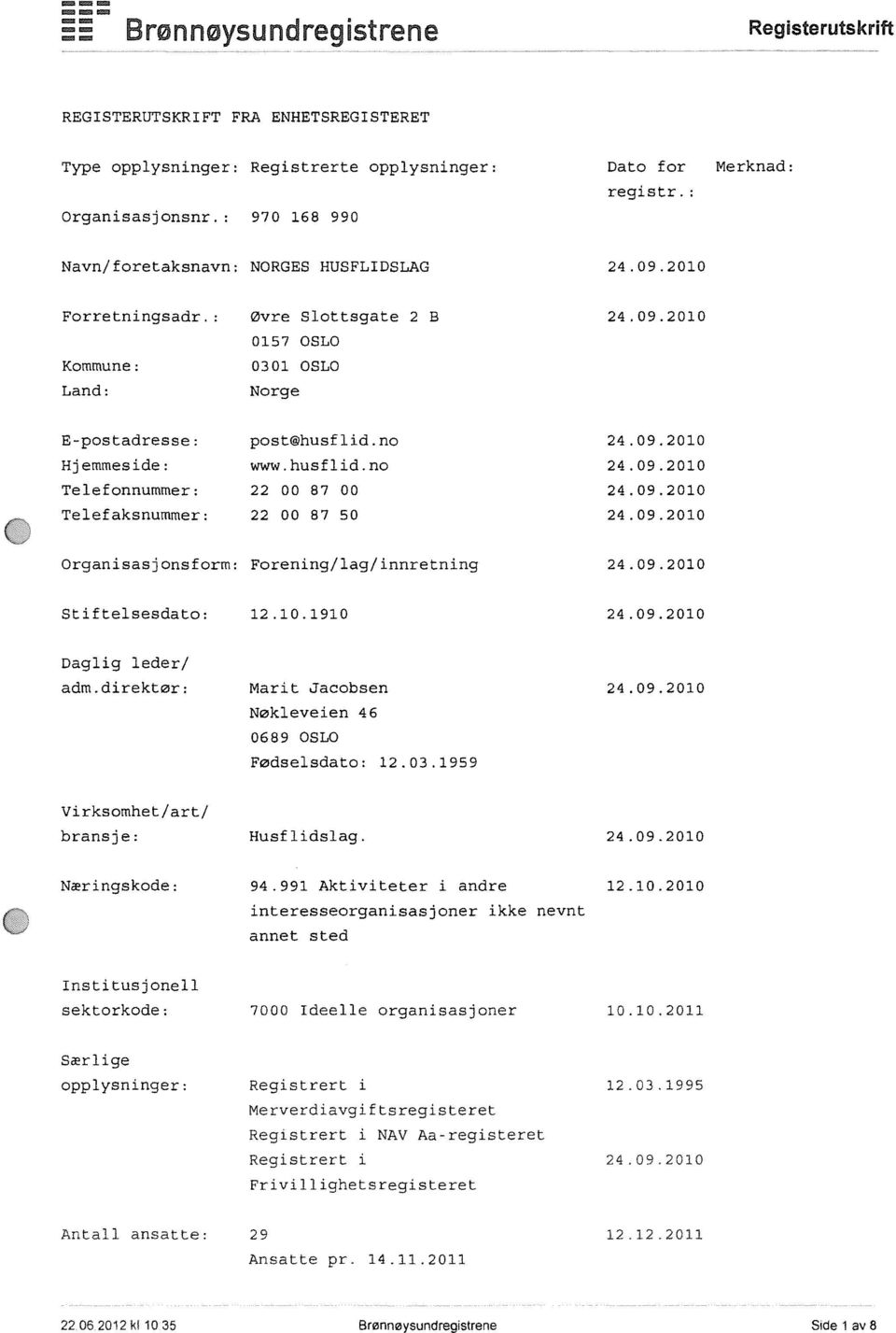 no Hjemmeside: www. husflid. no Telefonnummer: 22 00 87 00 Telefaksnummer: 22 00 87 50 Organisasjonsform: Forening/lag/innretning Stiftelsesdato: 12.10.1910 Daglig leder/ adm.