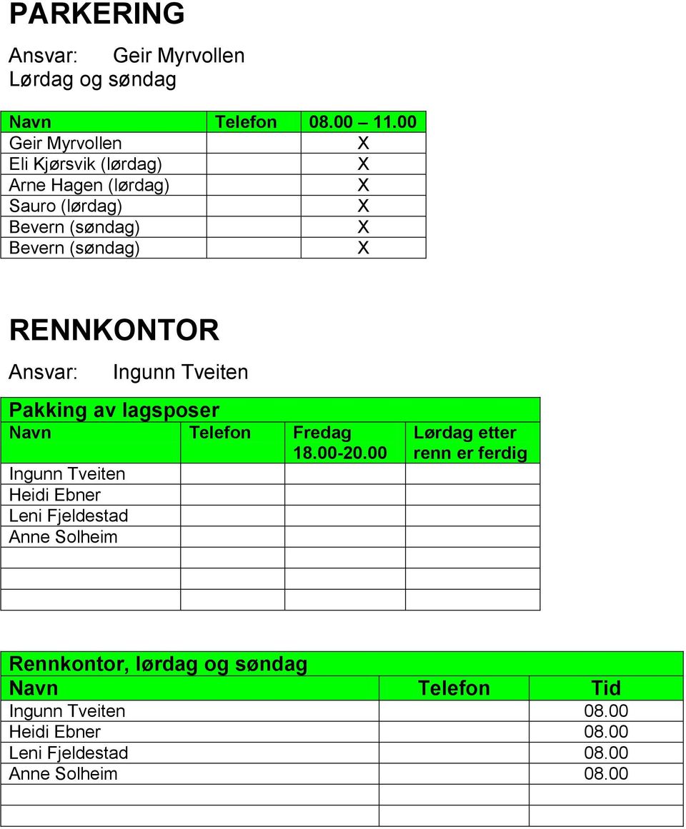 (søndag) RENNKONTOR Ingunn Tveiten Pakking av lagsposer Fredag Ingunn Tveiten Heidi Ebner Leni