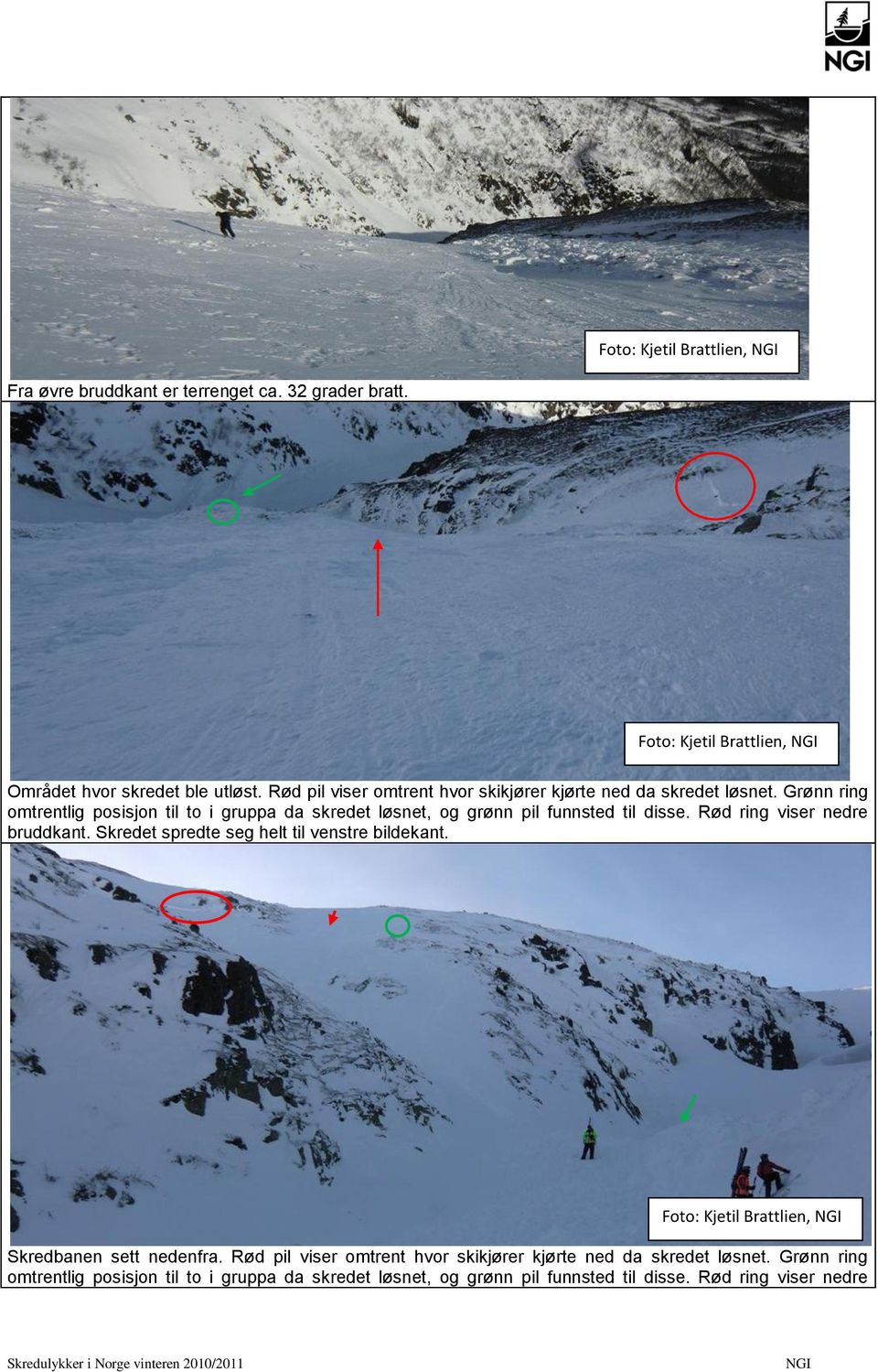 Grønn ring omtrentlig posisjon til to i gruppa da skredet løsnet, og grønn pil funnsted til disse. Rød ring viser nedre bruddkant.