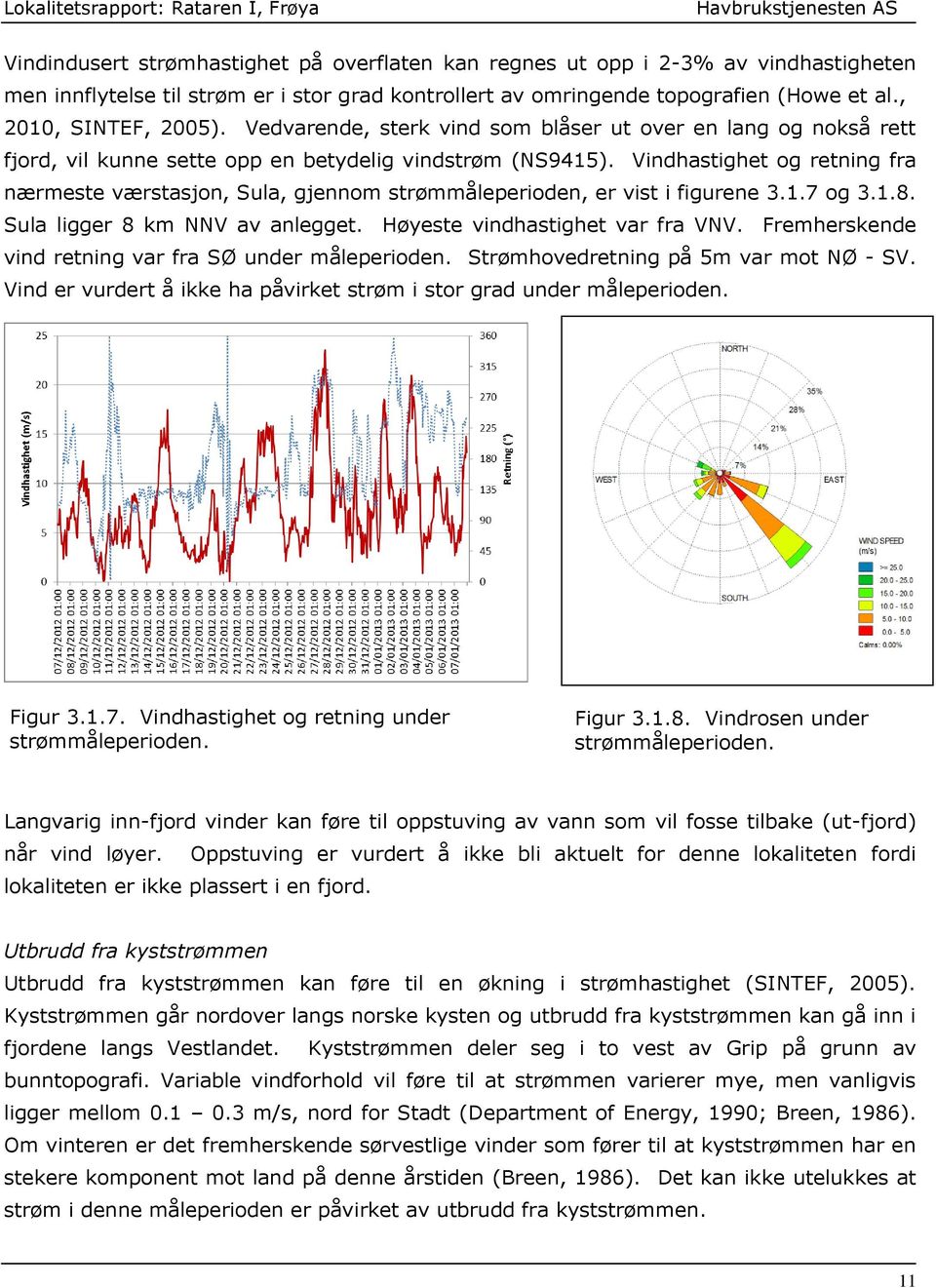 Vindhastighet og retning fra nærmeste værstasjon, Sula, gjennom strømmåleperioden, er vist i figurene 3.1.7 og 3.1.8. Sula ligger 8 km NNV av anlegget. Høyeste vindhastighet var fra VNV.