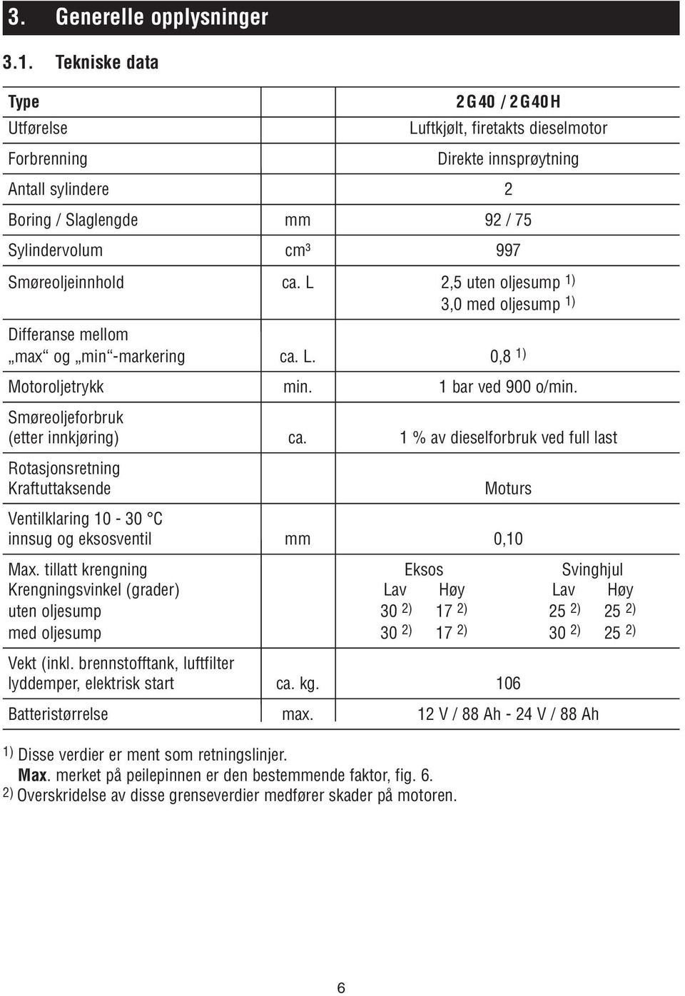 ca. L 2,5 uten oljesump 1) 3,0 med oljesump 1) Differanse mellom max og min -markering ca. L. 0,8 1) Motoroljetrykk min. 1 bar ved 900 o/min. Smøreoljeforbruk (etter innkjøring) ca.