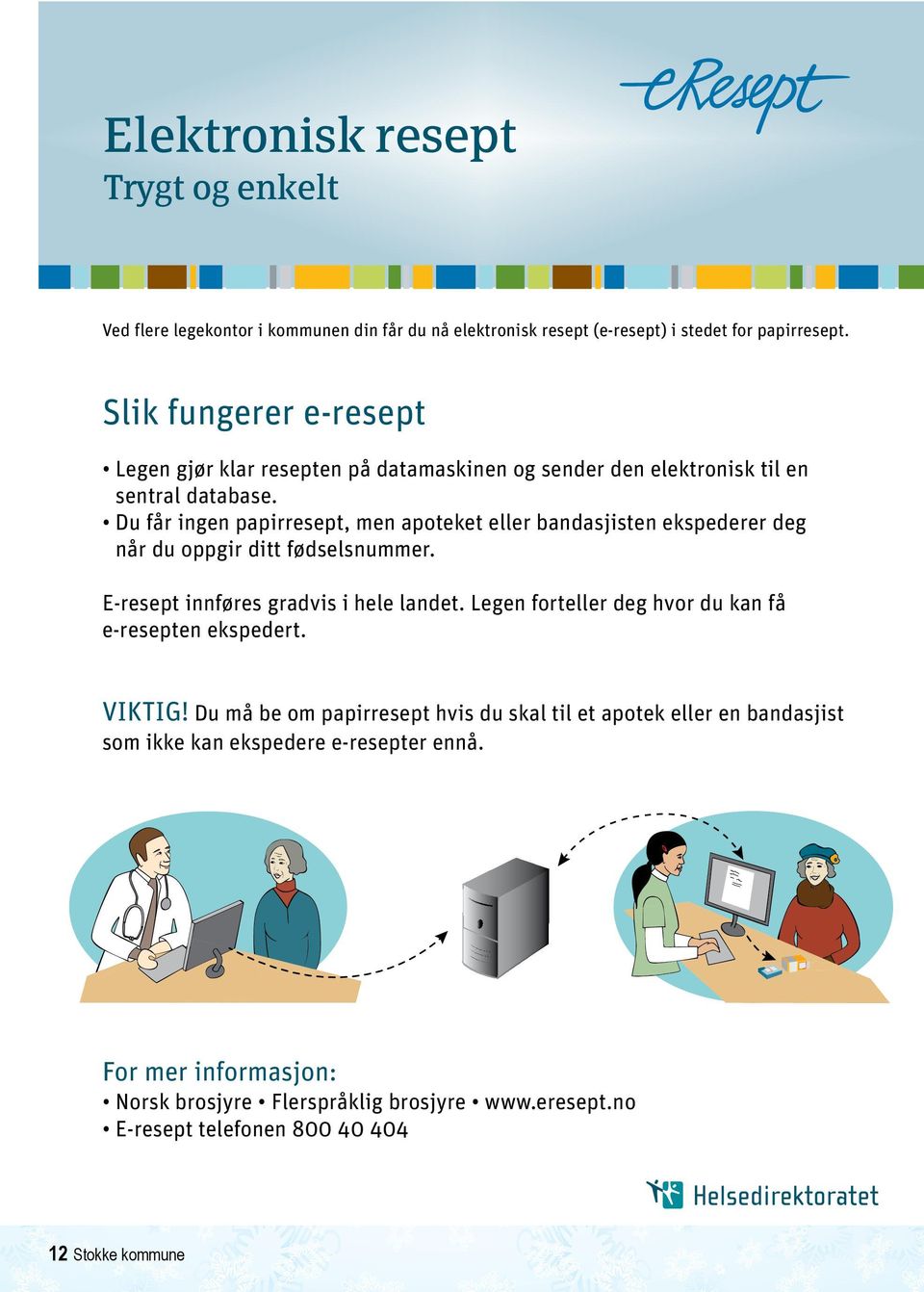 Du får ingen papirresept, men apoteket eller bandasjisten ekspederer deg når du oppgir ditt fødselsnummer. E-resept innføres gradvis i hele landet.