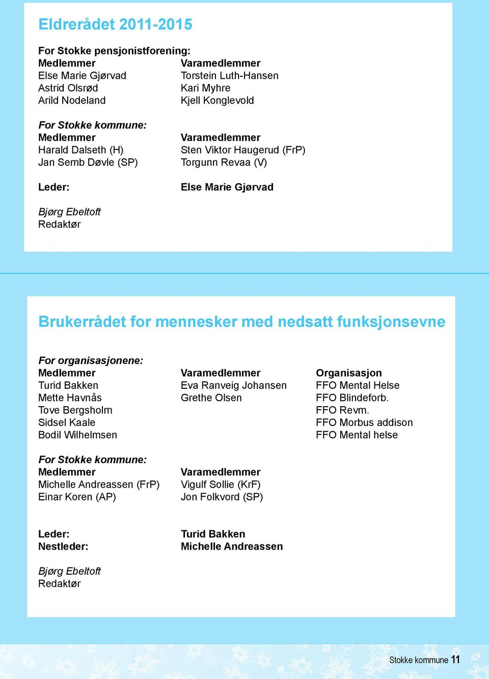 organisasjonene: Medlemmer Varamedlemmer Organisasjon Turid Bakken Eva Ranveig Johansen FFO Mental Helse Mette Havnås Grethe Olsen FFO Blindeforb. Tove Bergsholm FFO Revm.