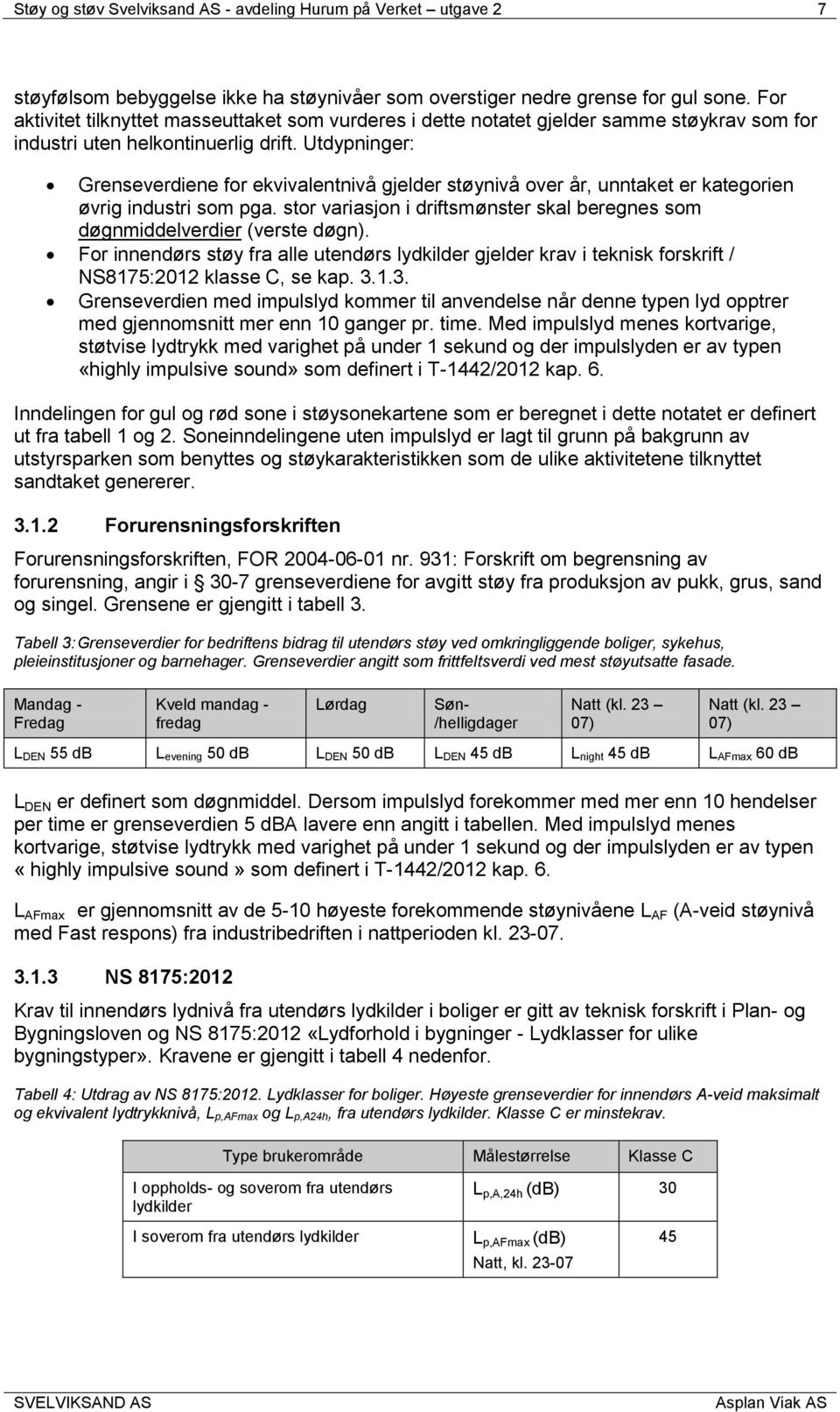 Utdypninger: Grenseverdiene for ekvivalentnivå gjelder støynivå over år, unntaket er kategorien øvrig industri som pga.