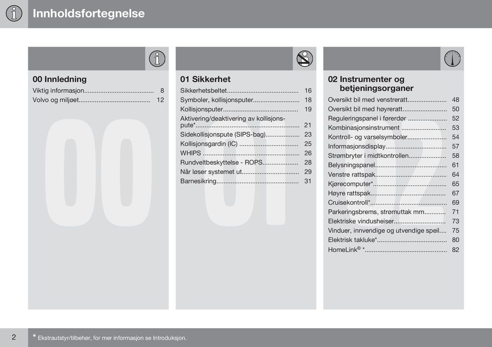 .. 52 Kombinasjonsinstrument... 53 Sidekollisjonspute (SIPS-bag)... 23 Kontroll- og varselsymboler... 54 Kollisjonsgardin (IC)... 25 Informasjonsdisplay... 57 WHIPS... 26 Strømbryter i midtkontrollen.