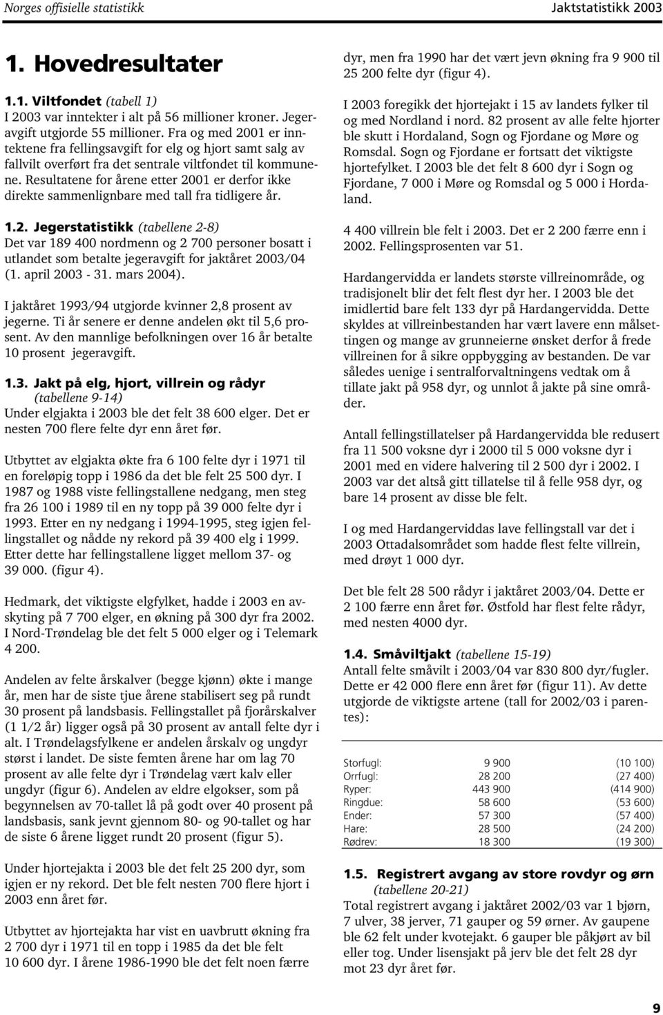 Resultatene for årene etter 2001 er derfor ikke direkte sammenlignbare med tall fra tidligere år. 1.2. Jegerstatistikk (tabellene 2-8) Det var 189 400 nordmenn og 2 700 personer bosatt i utlandet som betalte jegeravgift for jaktåret 2003/04 (1.