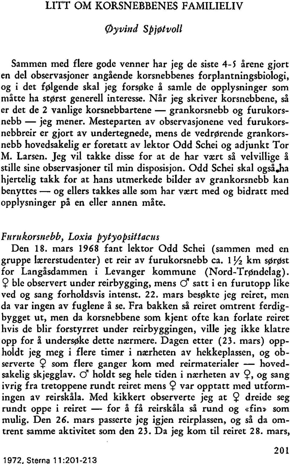 Mesteparten av observasjonene ved furukorsnebbreir er gjort av undertegnede, mens de vedrgrende grankorsnebb hovedsakelig er foretatt av lektor Odd Schei og adjunkt Tor M. Larsen.